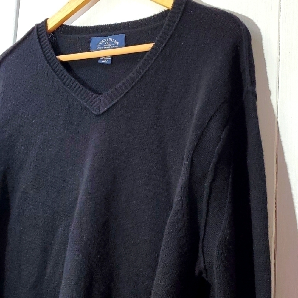 Indigo Palms| Mens Black Wool Cashmere Reverse Stitch Vneck Sweater Luxe Sz.XL